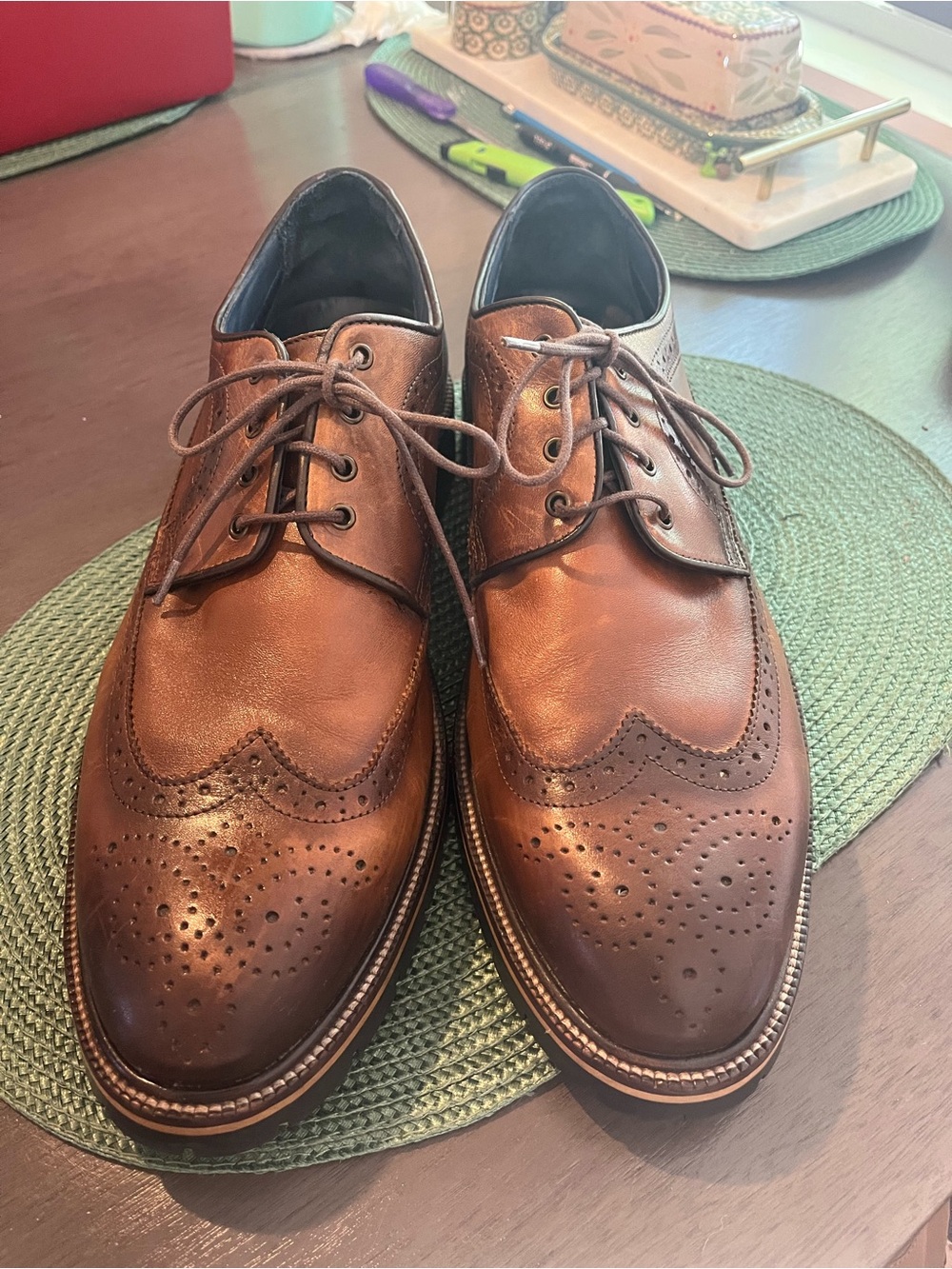 Johnston & Murphy XC Flex Wingtip Oxford Brown Leather Lug Sole Mens 12